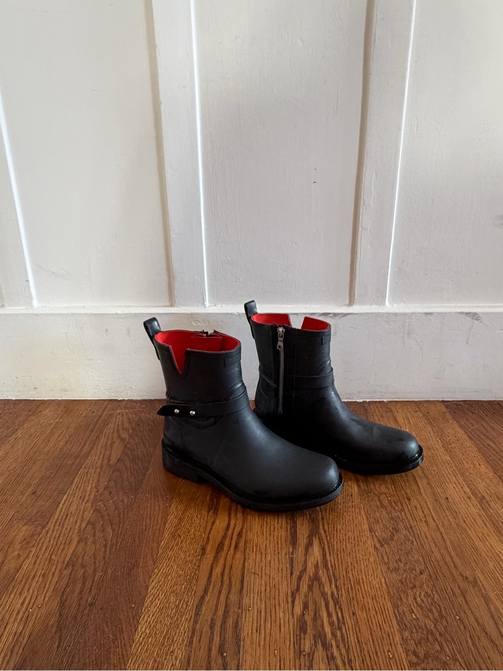 rag & bone Black Leather Ankle Rain Boots with Red Lining